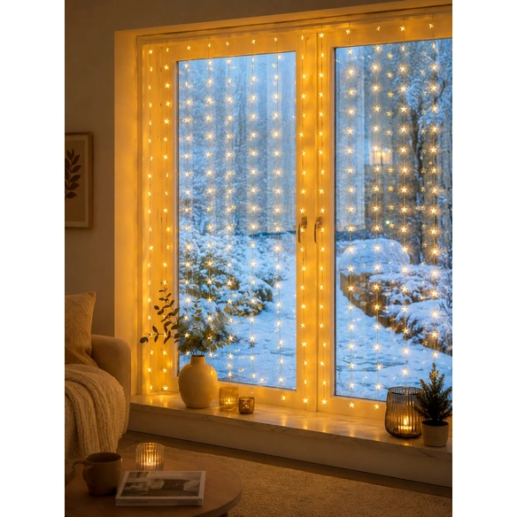 LED-Lichtervorhang, 200 LEDs, 5 m Zuleitung, Timer, IP44, transparent