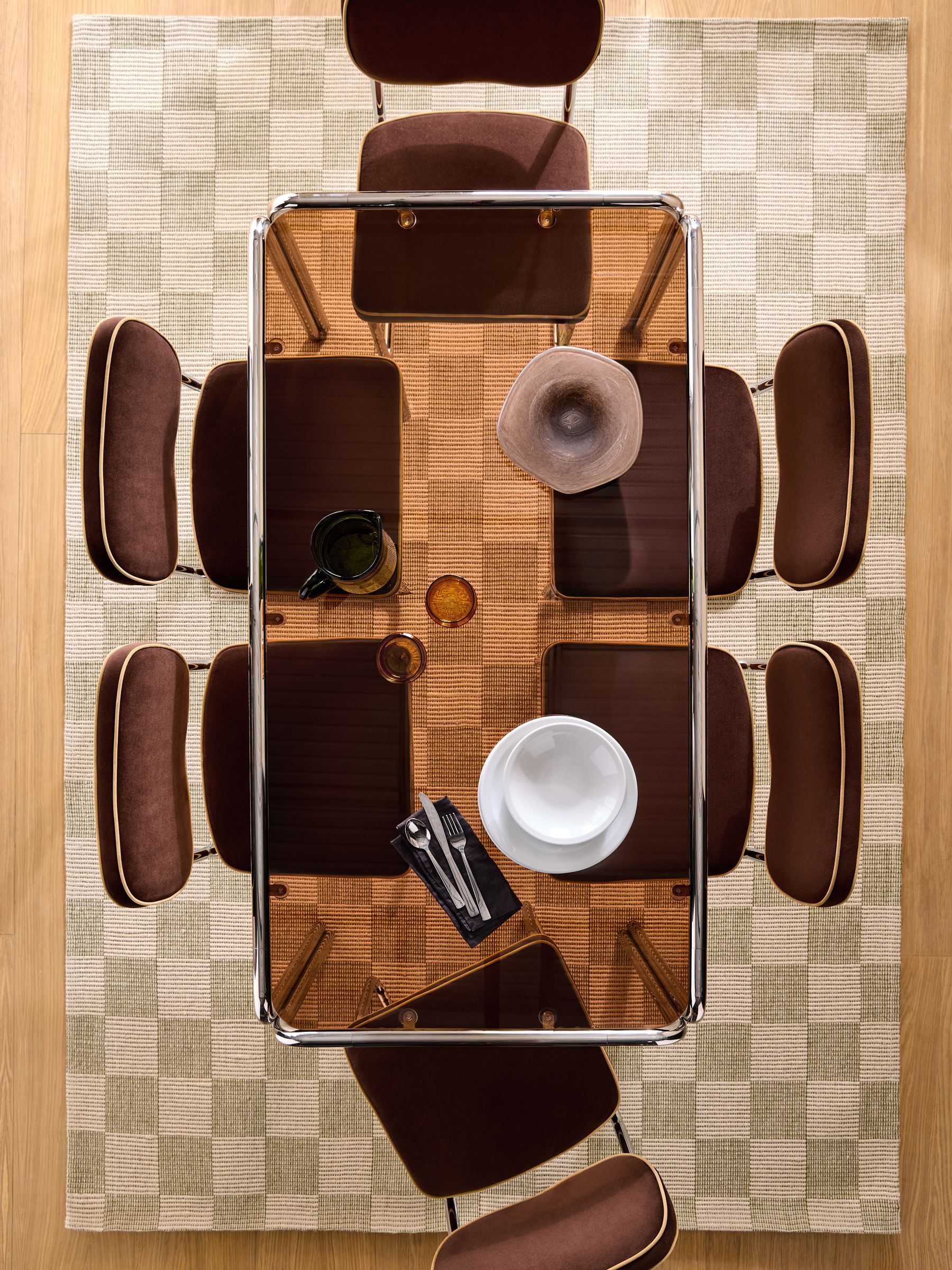 Dunston Fixed 6 Seater Dining Table in Amber Glass and Chrome