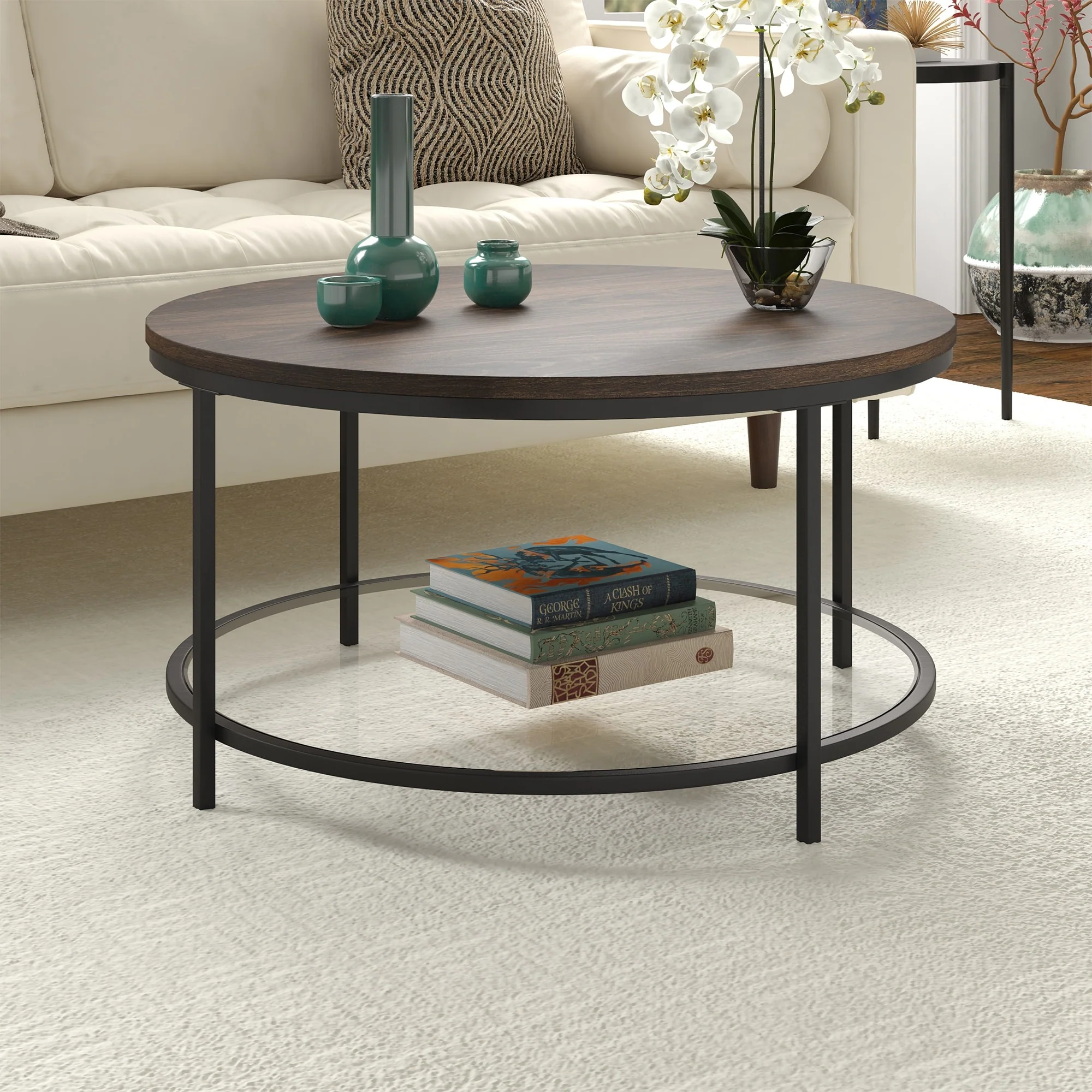 Sevilla 32'' Wide Round Coffee Table with MDF Top and Glass Shelf - 32 Wide