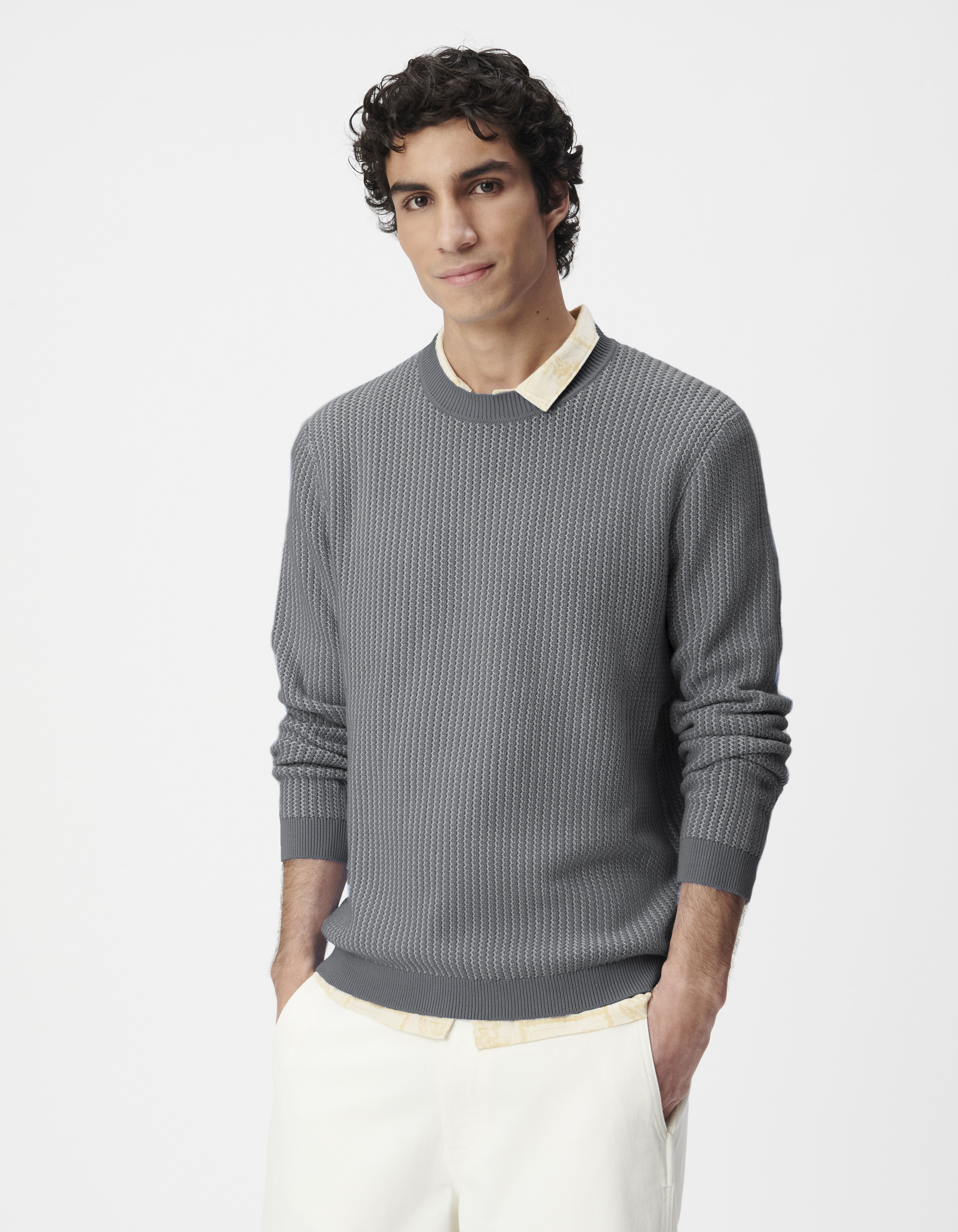 Pull bleu tricot côtelé jacquard Homme