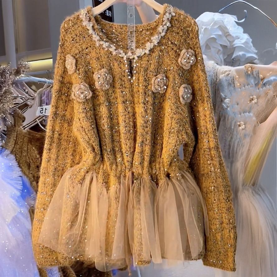 PEACH ACCESSORIES Mustard Yellow Tulle and Sequins Floral Knit Jumper