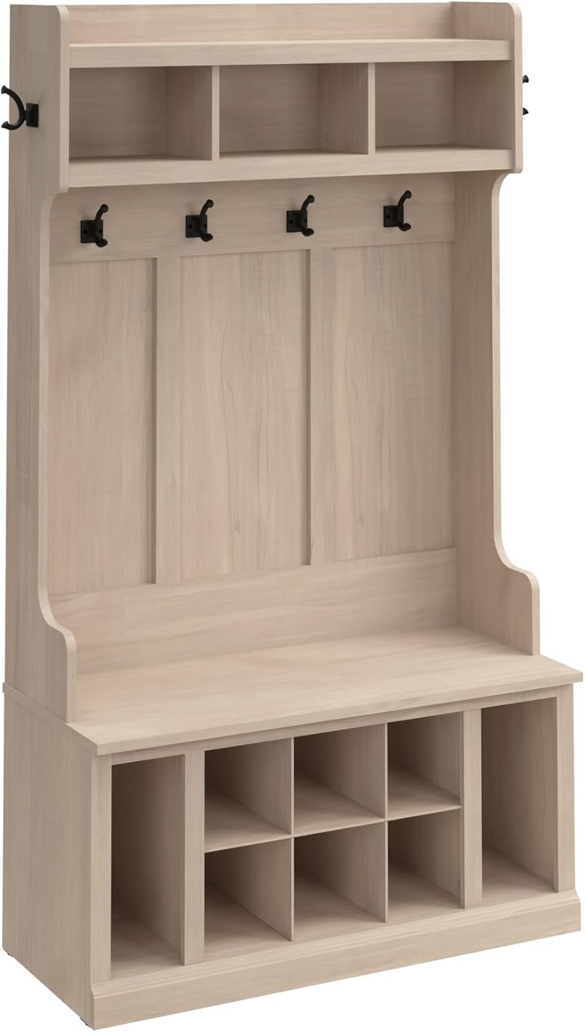 Bush Home Woodland 40W Hall Tree and Shoe Storage Bench with Shelves in White Washed Maple, Cubbies and Coat Hooks for Foyer, Mudroom or Entryway