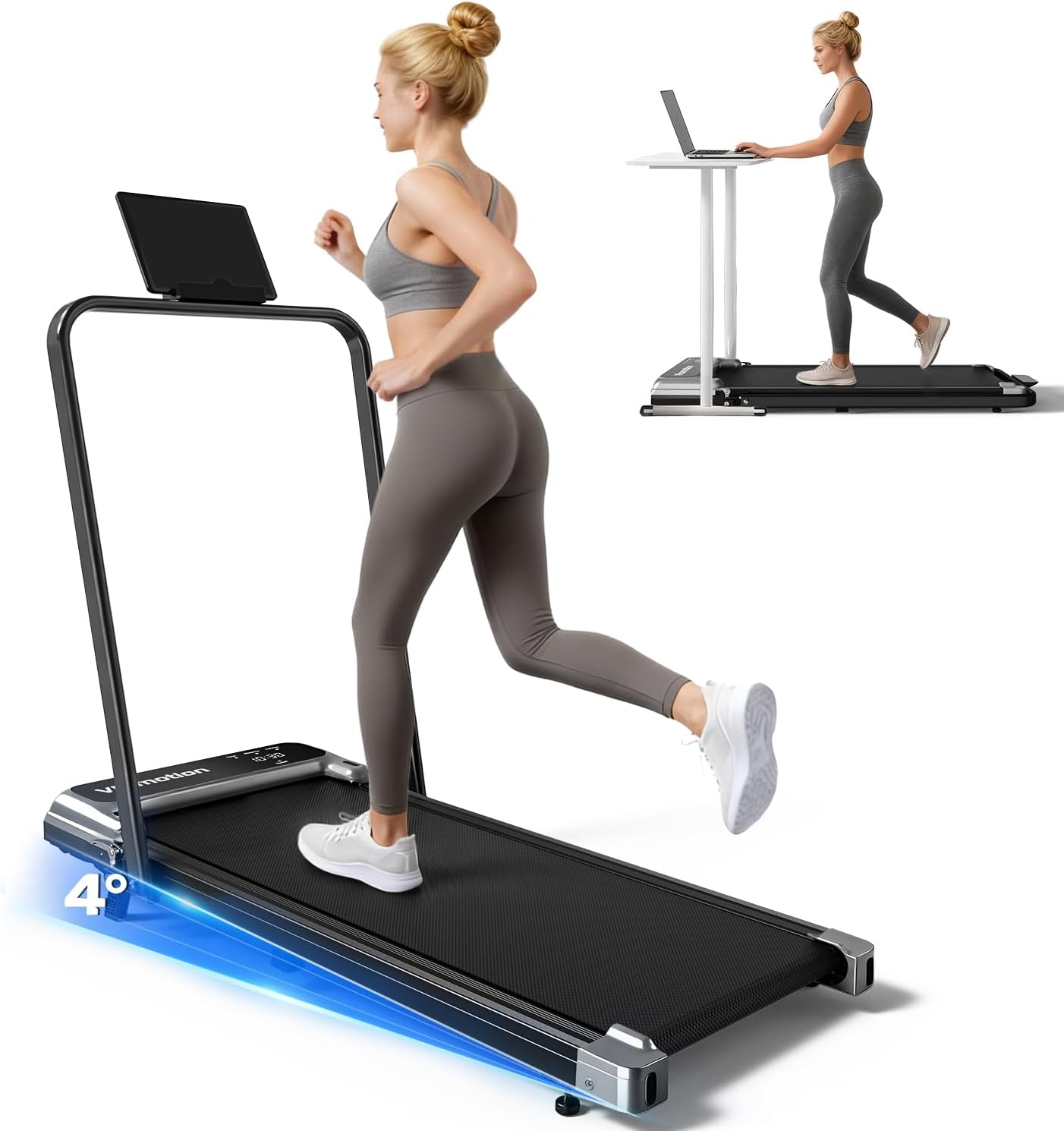 Walking Pad Treadmill with Handle Bar and Adjustable Incline, Compact Portable Treadmills for Home Office, 2.5HP Quiet Anti-Slip Under Desk Treadmills, 0.6-3.8 MPH Remote Speed Control, 265 LBS