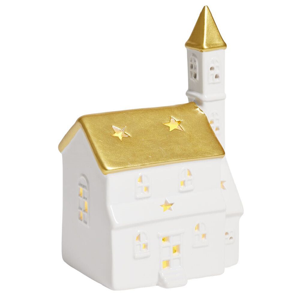 église lumineuse déco No&euml;l 1LED céramique blanc et doré H19cm