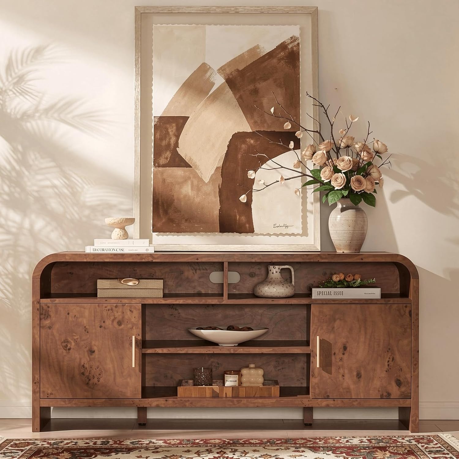 TV Stand for TVs Up to 65'' - [Unique Curved Profile, FSC-Certified Wooden Board] Entertainment Center with Adjustable Shelves and Storage Cabinet Modern Media Console for Living Room