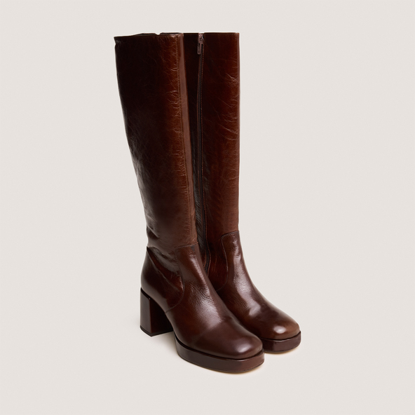 Bottes à talons et plateformesen cuir vieilli marron | VANEO