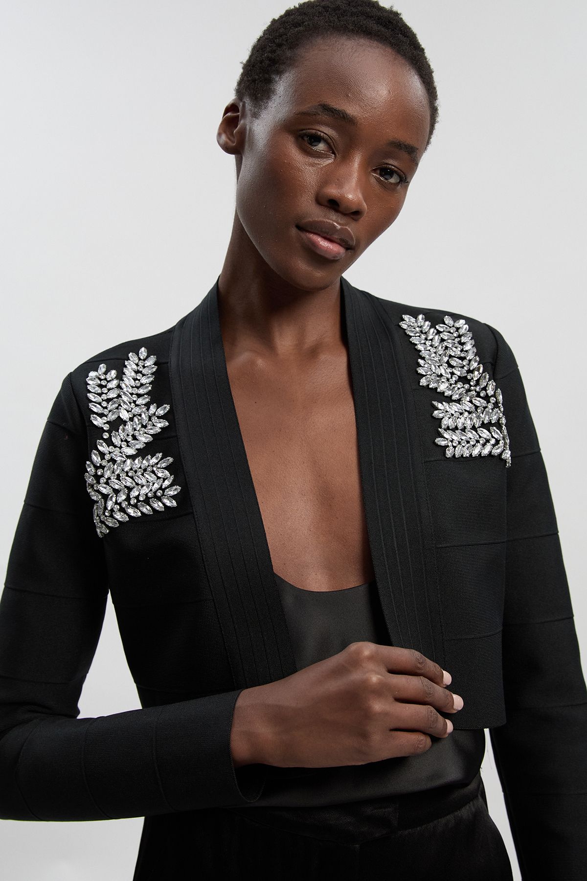 KarenMillen Figure Form Bandage Embellished Crop Knit Jacket