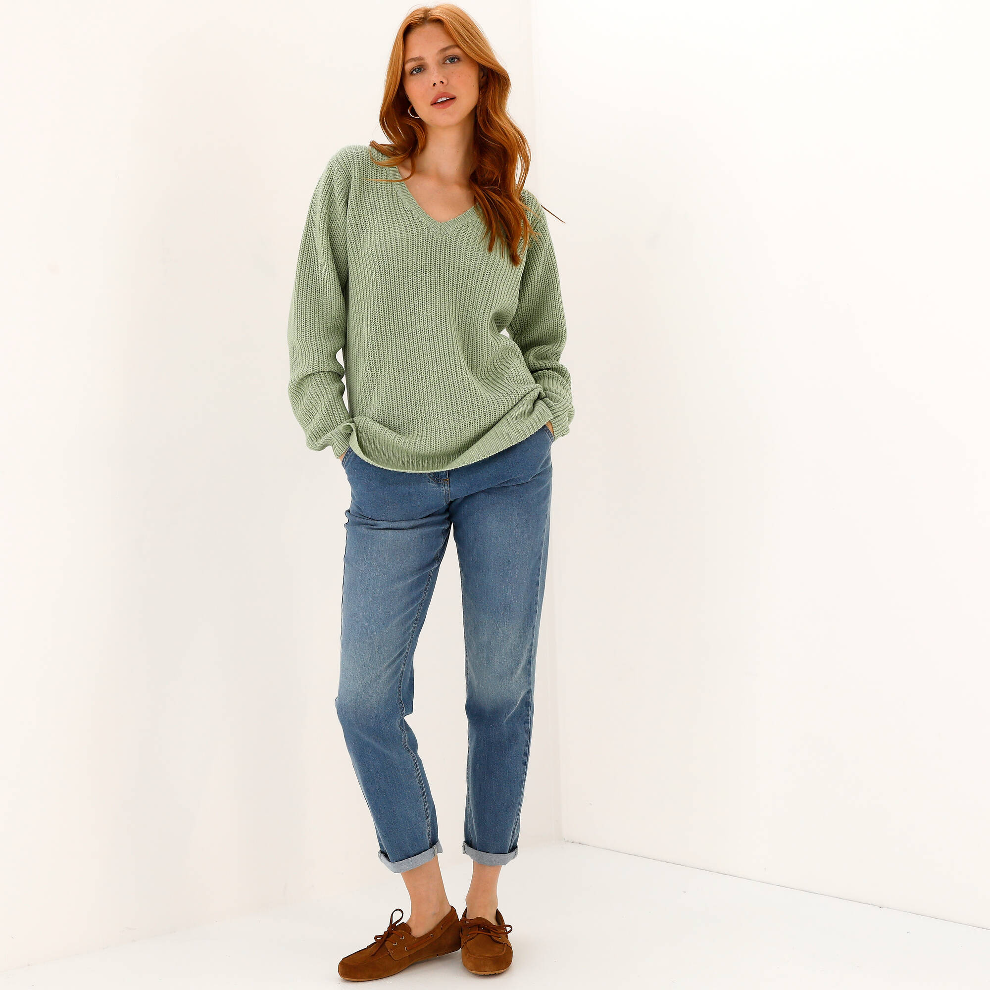 Pull tunique col V, maille anglaise