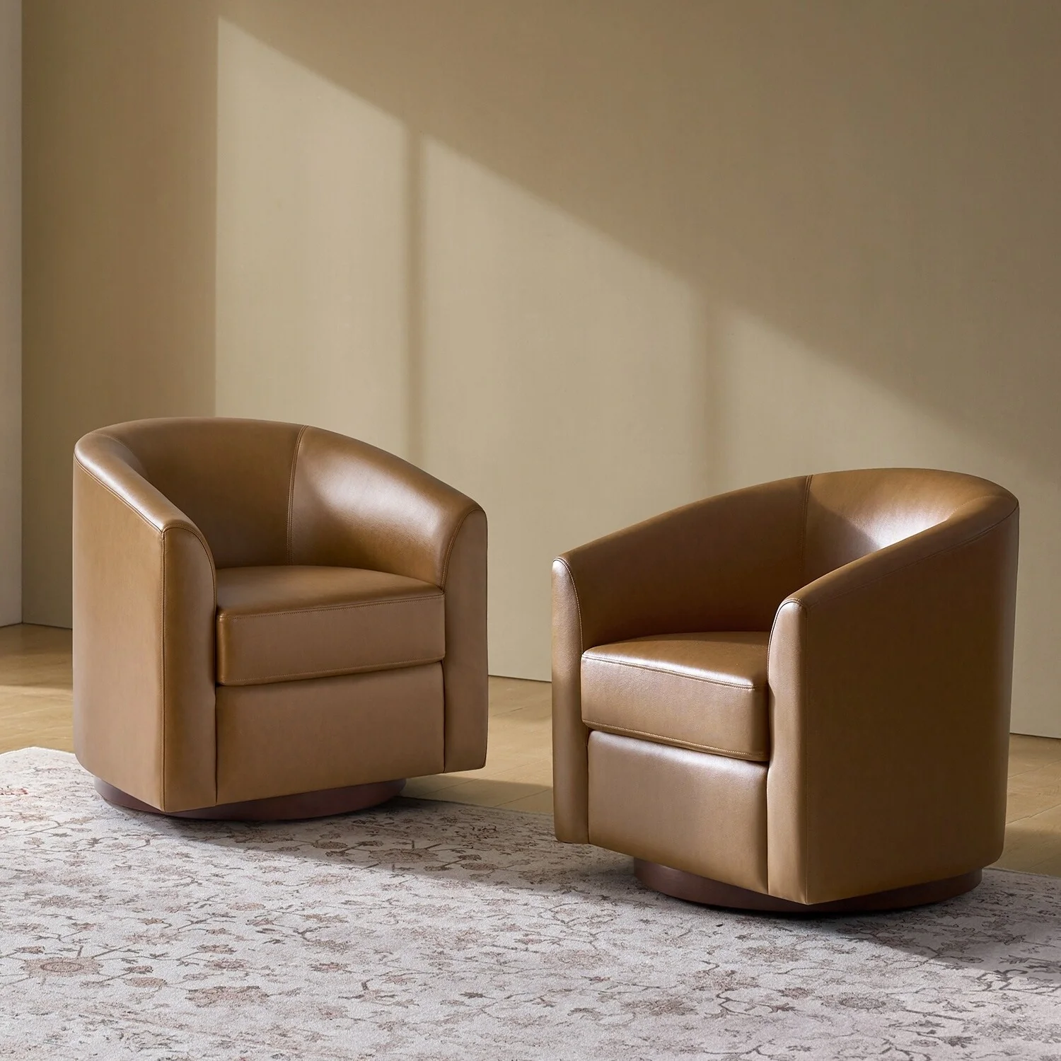 Haley Modern Swivel Barrel Faux Leather Chair with Solid Wood Base Set of 2 by HULALA HOME