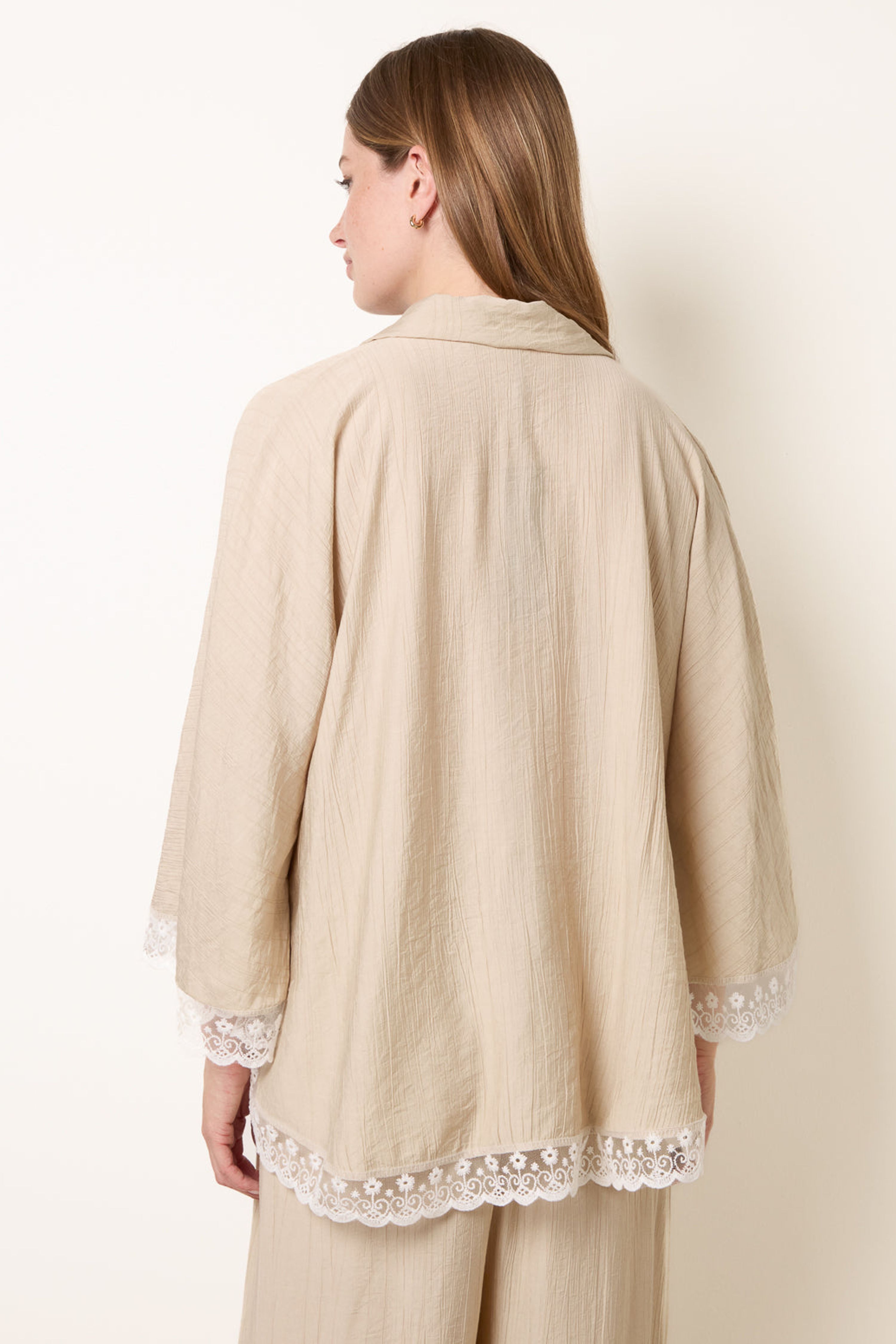 Blue Vanilla Beige Oversize Crinkle Lace Hem Shirt