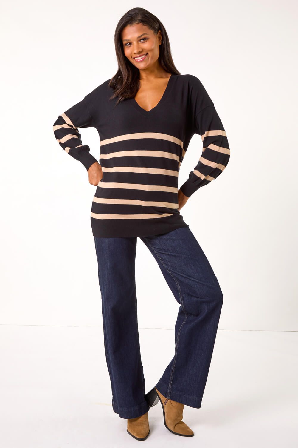 Roman Stripe V-Neck Boyfriend Knit Jumper