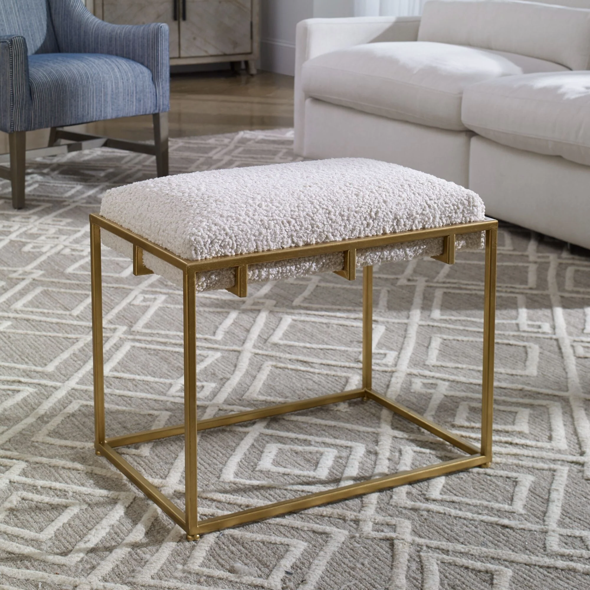 23.5 Gold and White Upholstered Shearling Rectangular Small Bench
