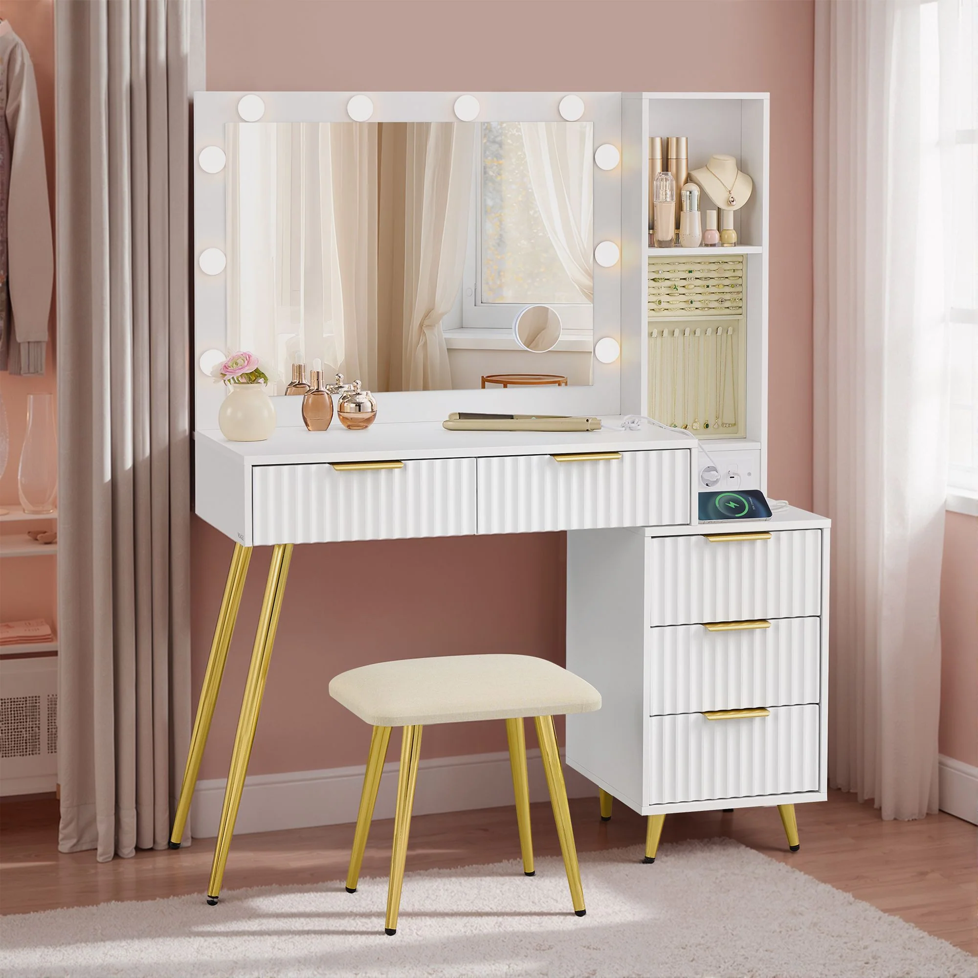 Coiffeuse avec Miroir LED et 9 Tiroirs, avec Multiprise, Contemporain