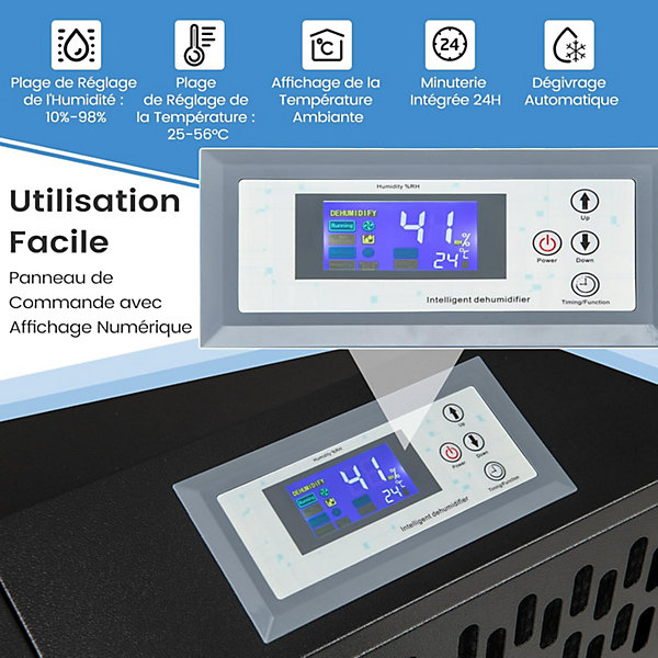 Déshumidificateur Industriel1300W,118L/Jour, Contrôle Humidité,avec 4 Roues,Minuterie 0-24H,pour Entrepôts et Caves 790 m² (Noir)