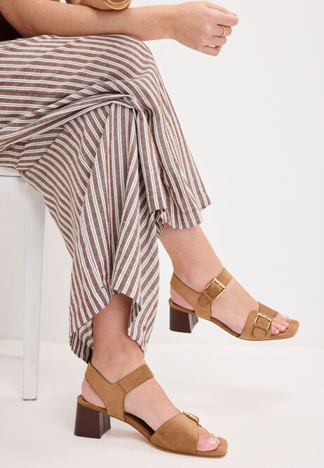 Womens Taupe Buckle Strap Block Heel Sandals