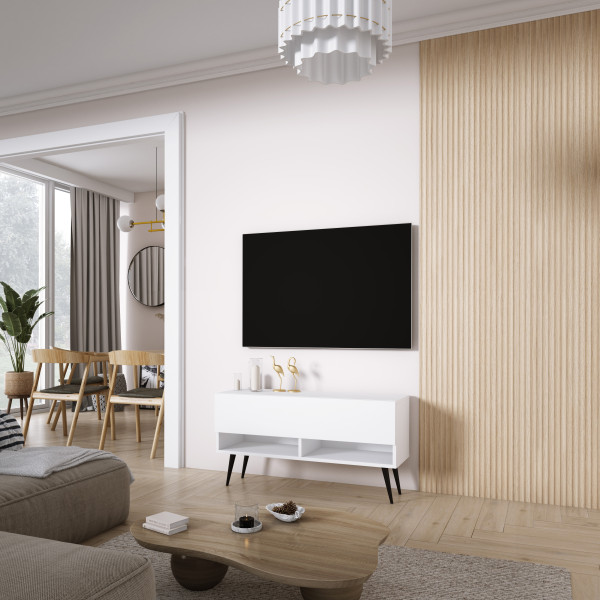 Szafka RTV Biały Mat, nogi pochyłe czarne, 100 x 32 x 52 cm