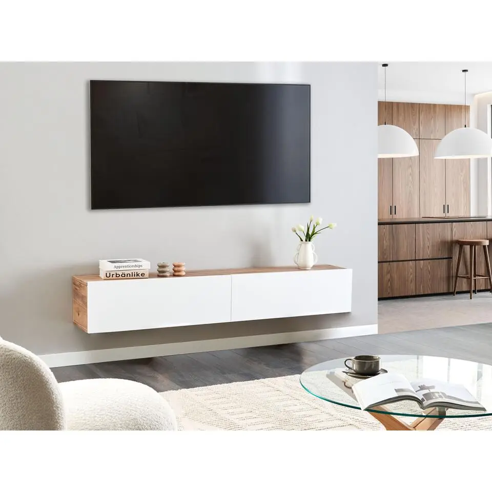GLADSTONE - Wandgemonteerd TV-meubel - Wit/Bruin - 180 cm - Vezelplaat