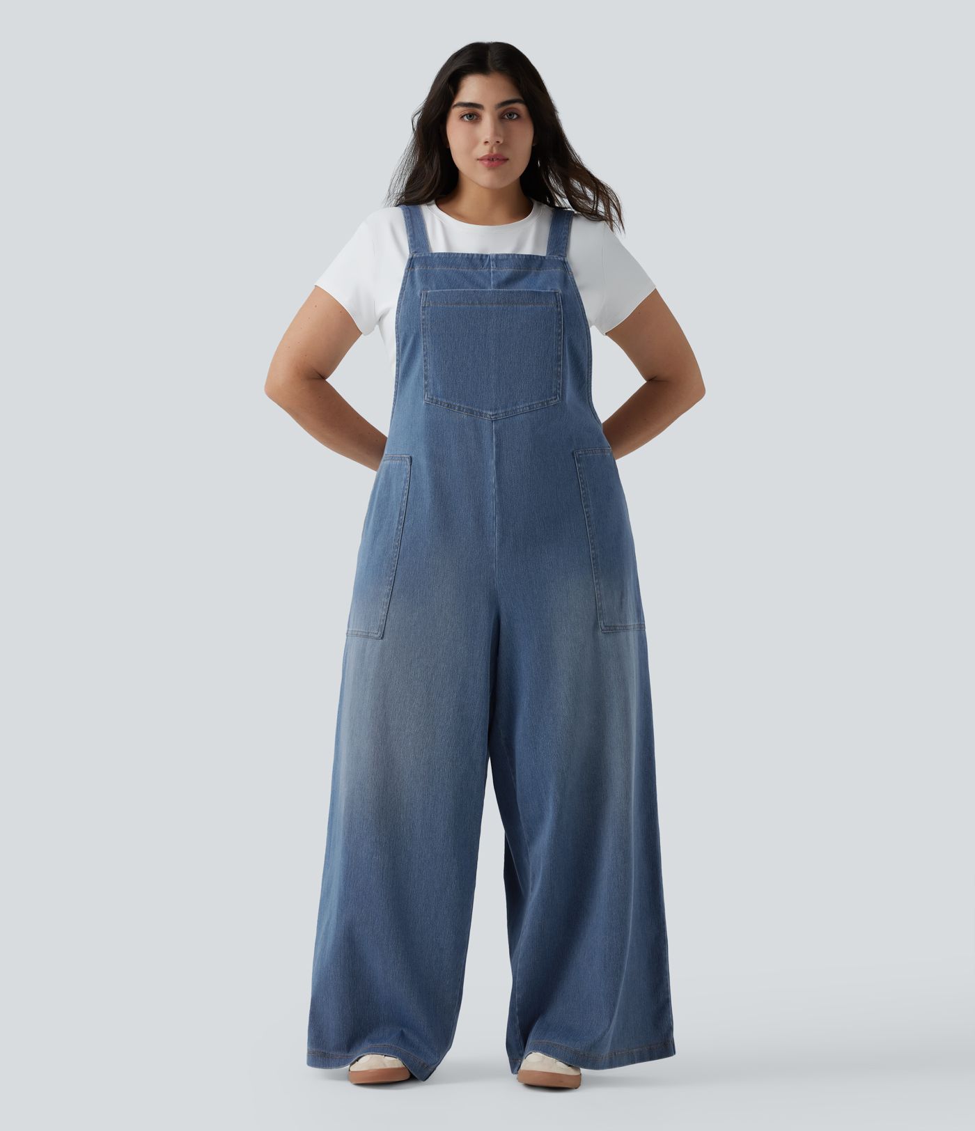 Grande taille Halara Flex™ Salopette casual en jean délavé col carré avec poches