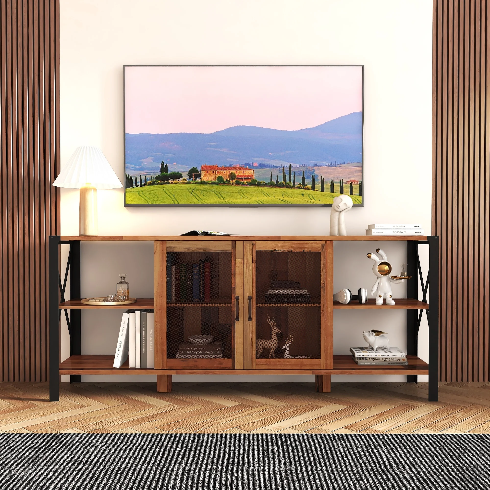Farmhouse TV Stand 80 Inch Television Stand , Modern Horizontal Wood and Metal Open Bookshelf
