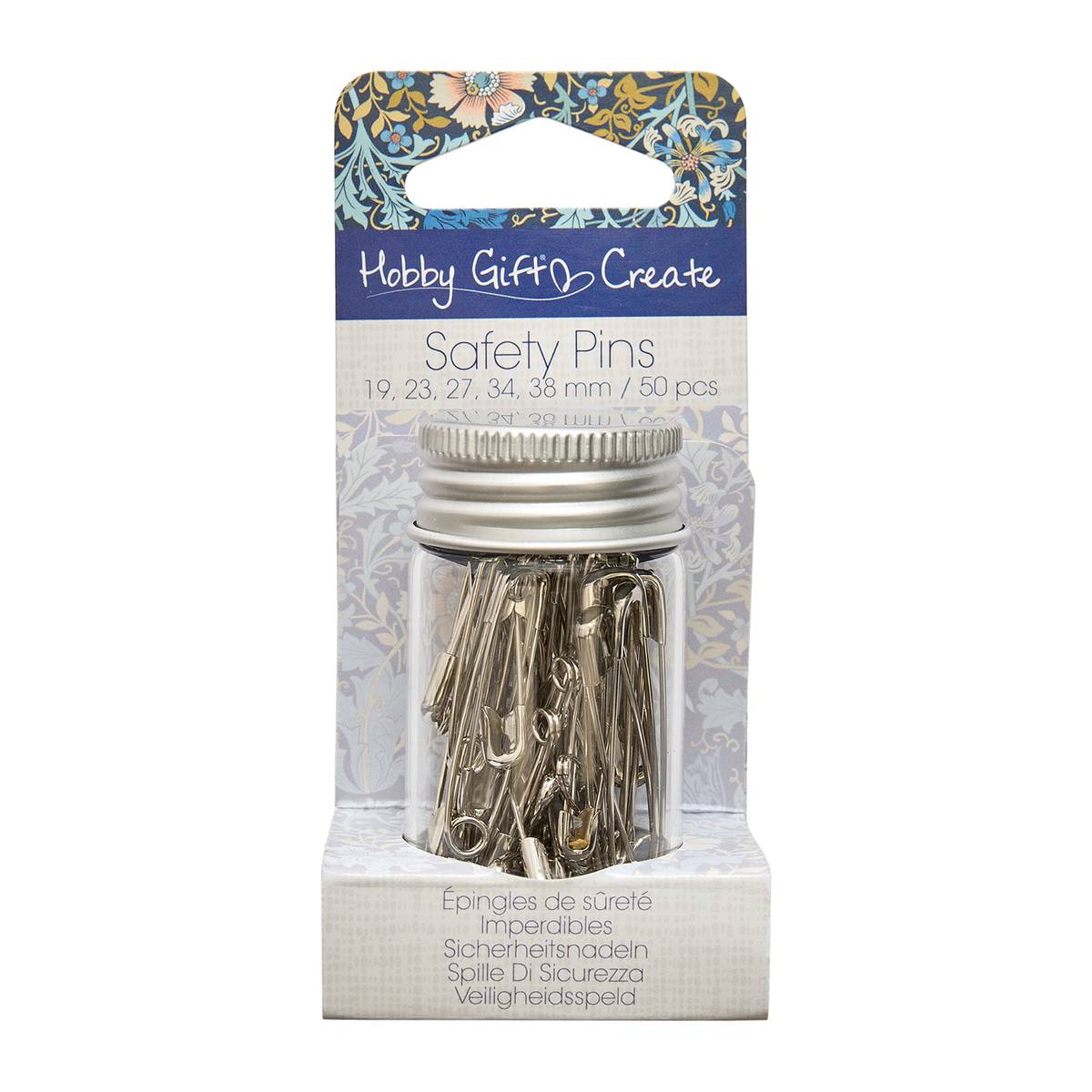 Blue Woodblock Floral Assorted Safety Pins 50 Pack