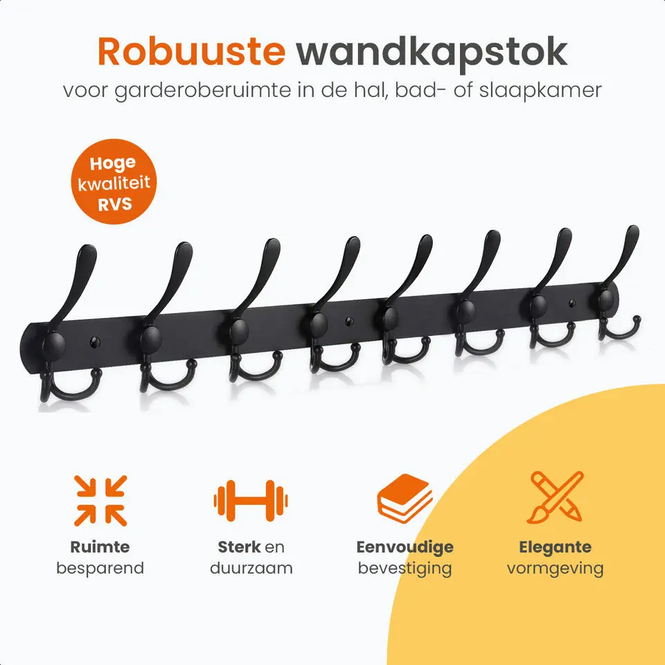 Goliving Wandkapstok �?24 Haaks Hangende Kapstok �?Muurkapstok �?RVS �?Zwart