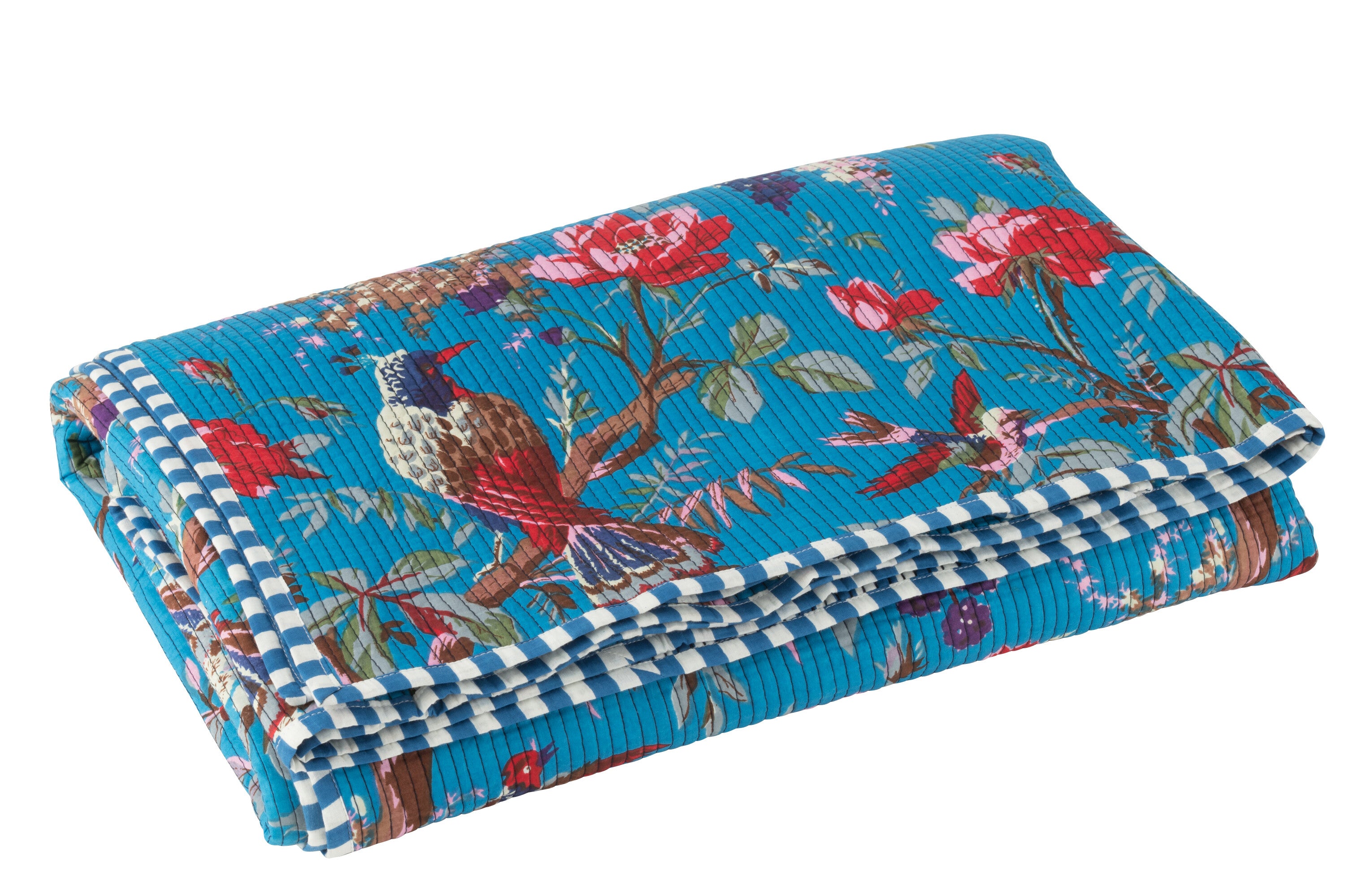 J-Line deken vogels bloemen - katoenfluweel - blauw