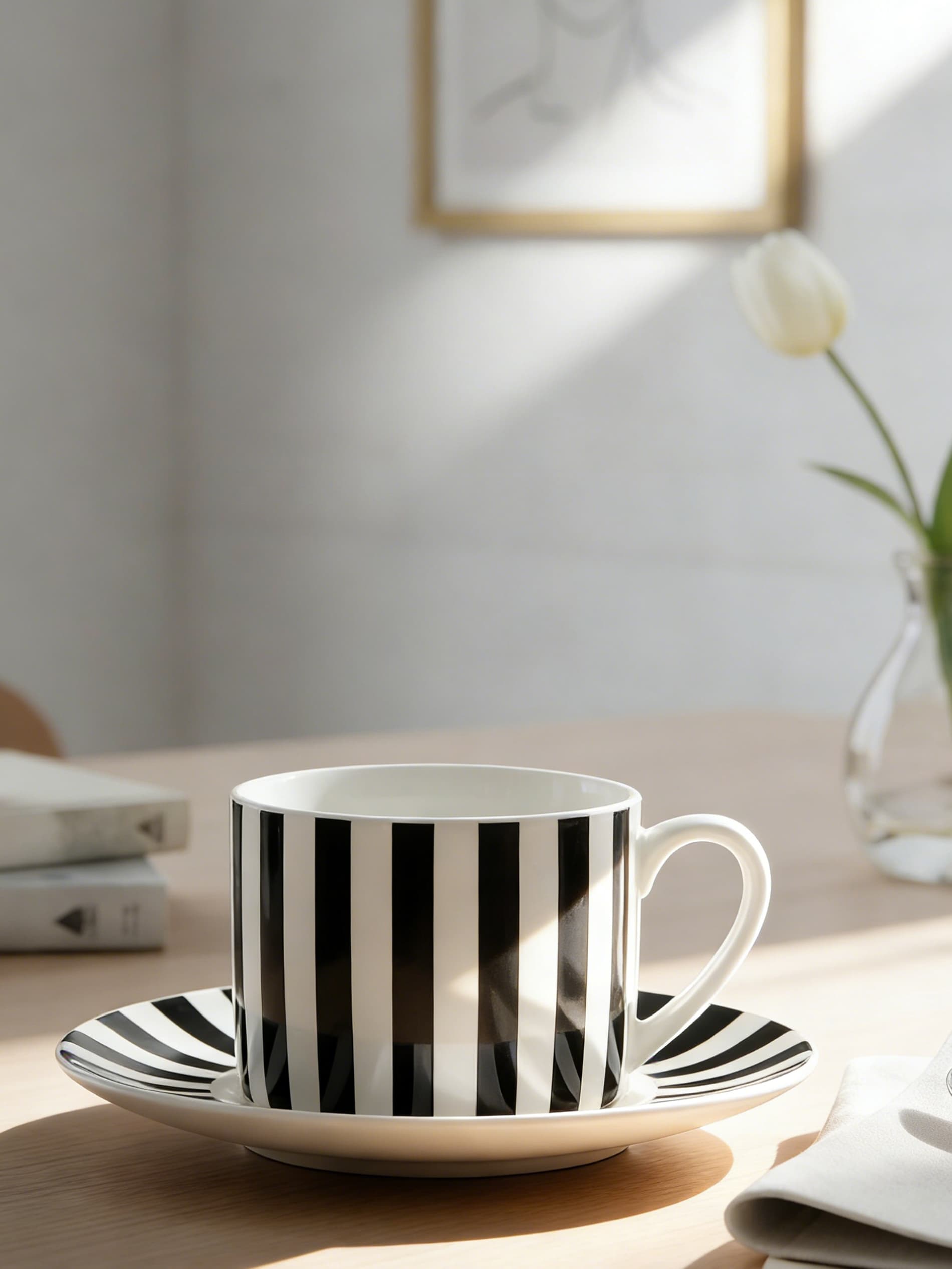 Ceramiczna filiżanka i spodek w paski z napisem