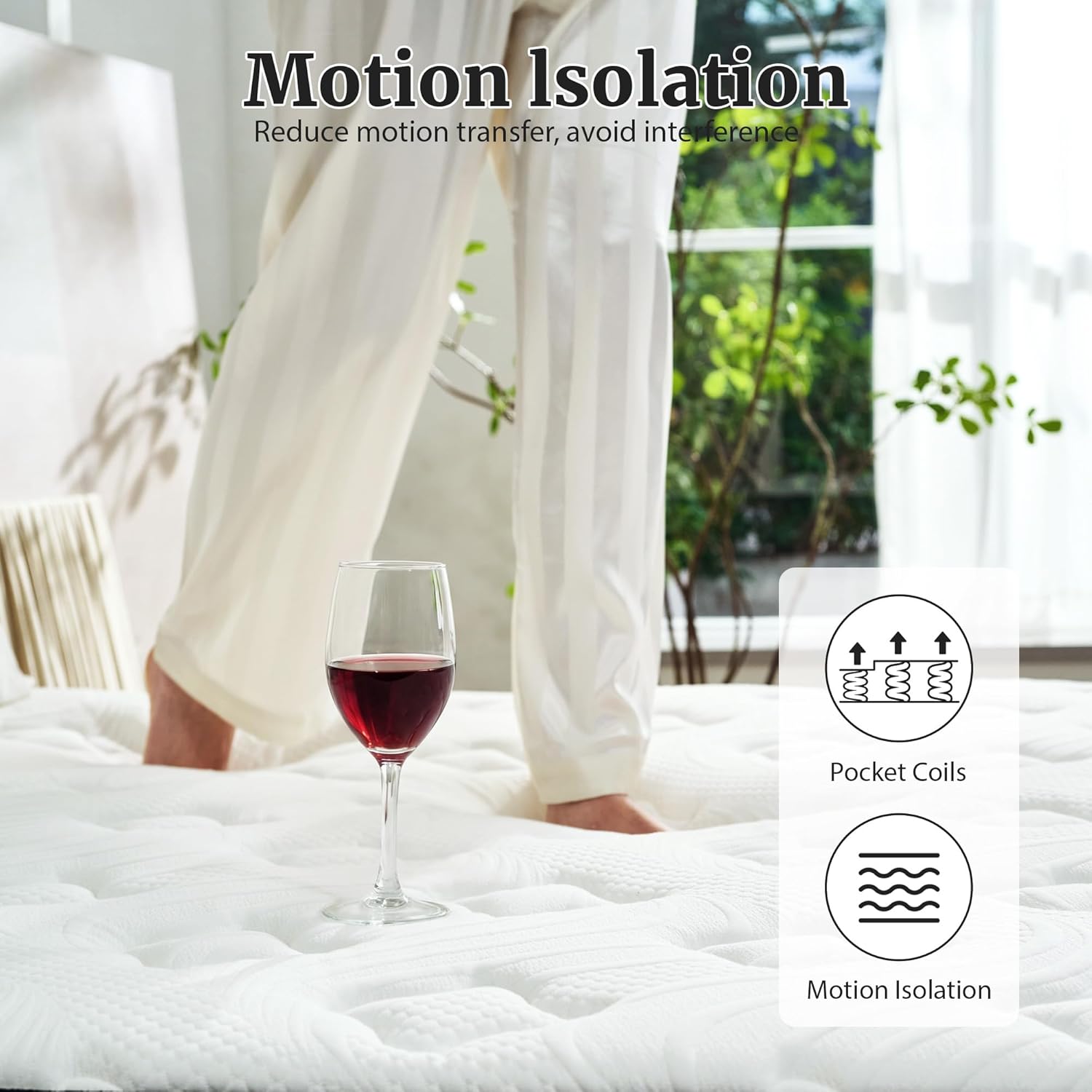 Sunny Heart 14 Inch Queen Size Mattress, Hybrid Memory Foam Mattress in a Box, Pocket Springs for Pressure Relief and Comfy Support, Motion Isolation, Medium Firm Feel, CertiPUR-US Certified（White）