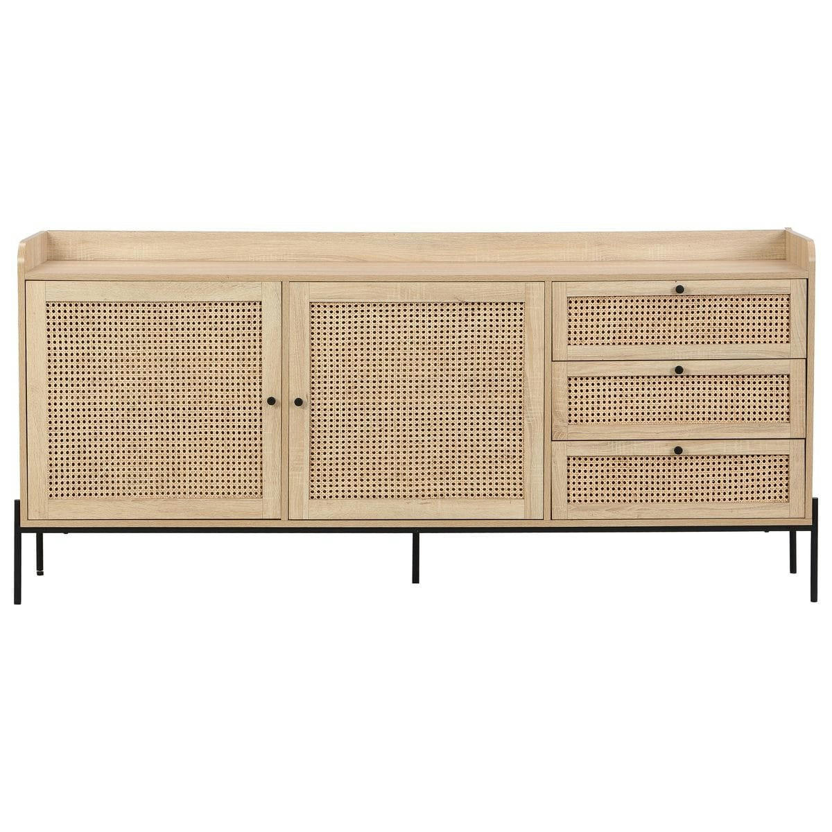 IRIS - Buffet 2 portes 3 tiroirs en cannage naturel et effet chêne 180 cm