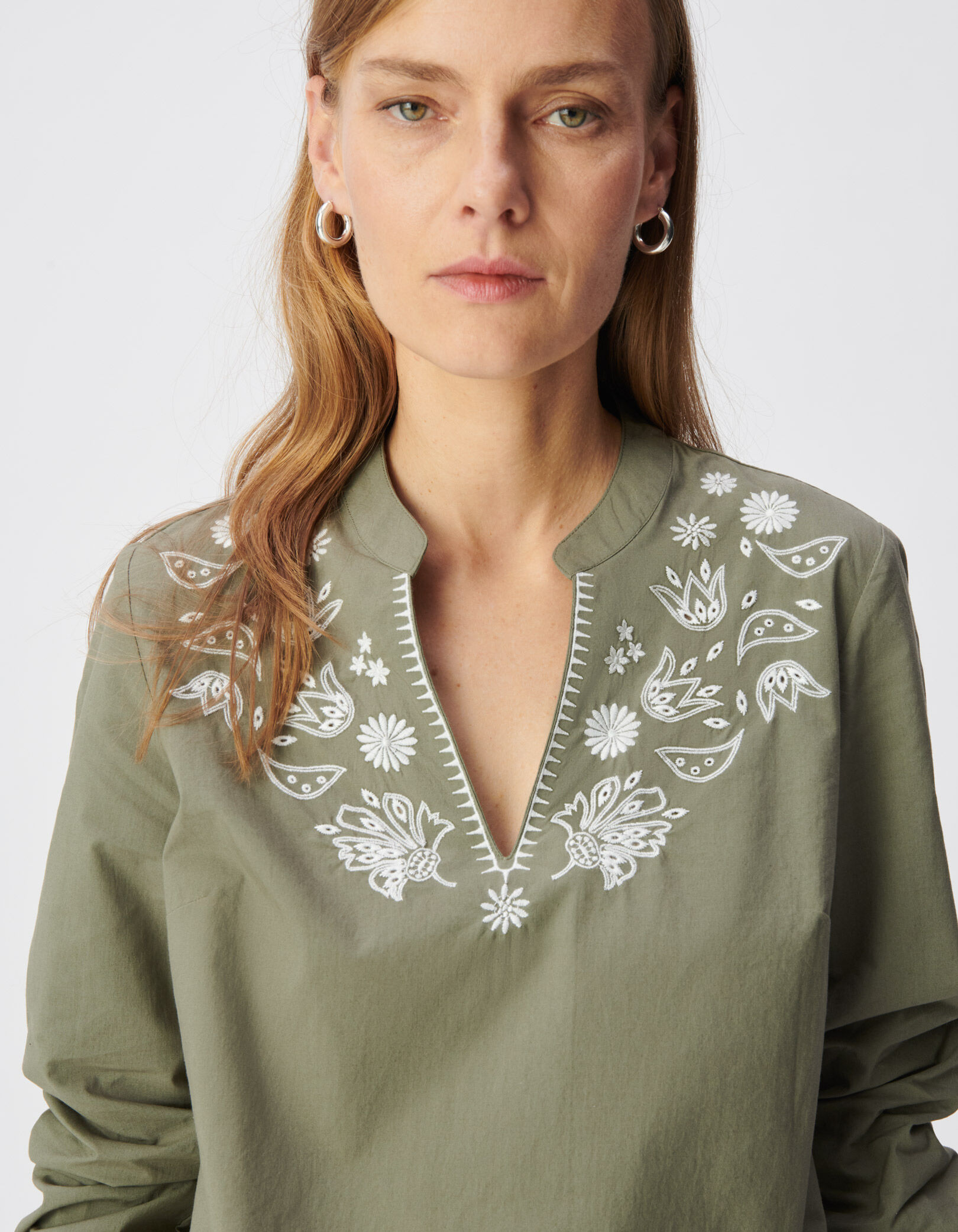 Blouse kaki coton bio broderies plastron Femme