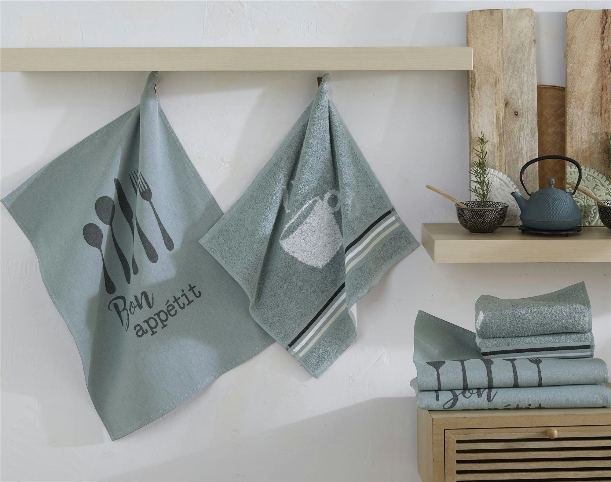 BON APPETIT - Lot de 3 torchons 50x70 bleu grisé en coton