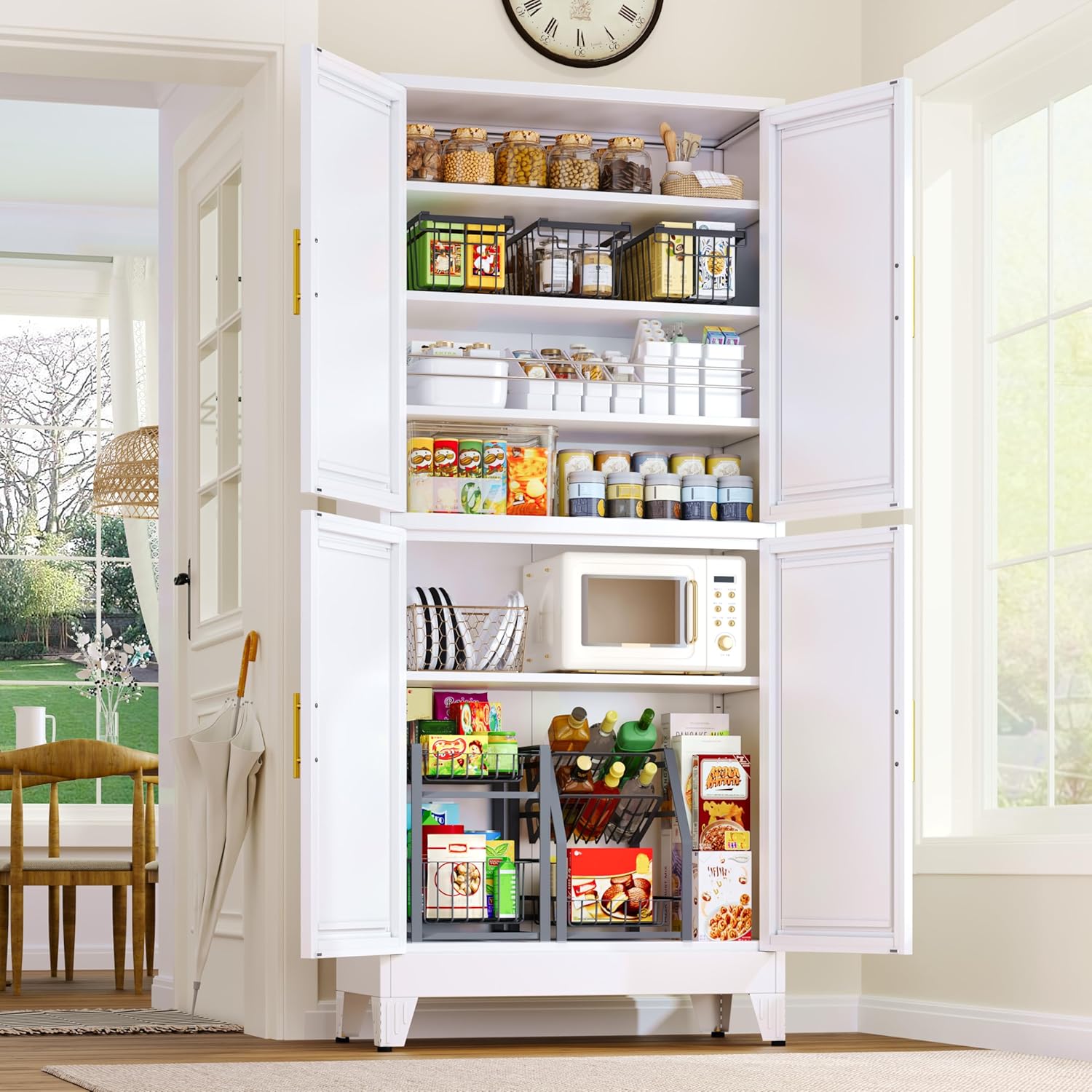 GAIOUS 75.2 Tall Metal Pantry Cabinet, Kitchen Pantry Storage Cabinets with 4 Door and 4 Adjustable Shelves, White Storage Cabinet, Freestanding Cupboard for Kitchen Dining Room Living Room Bathroom