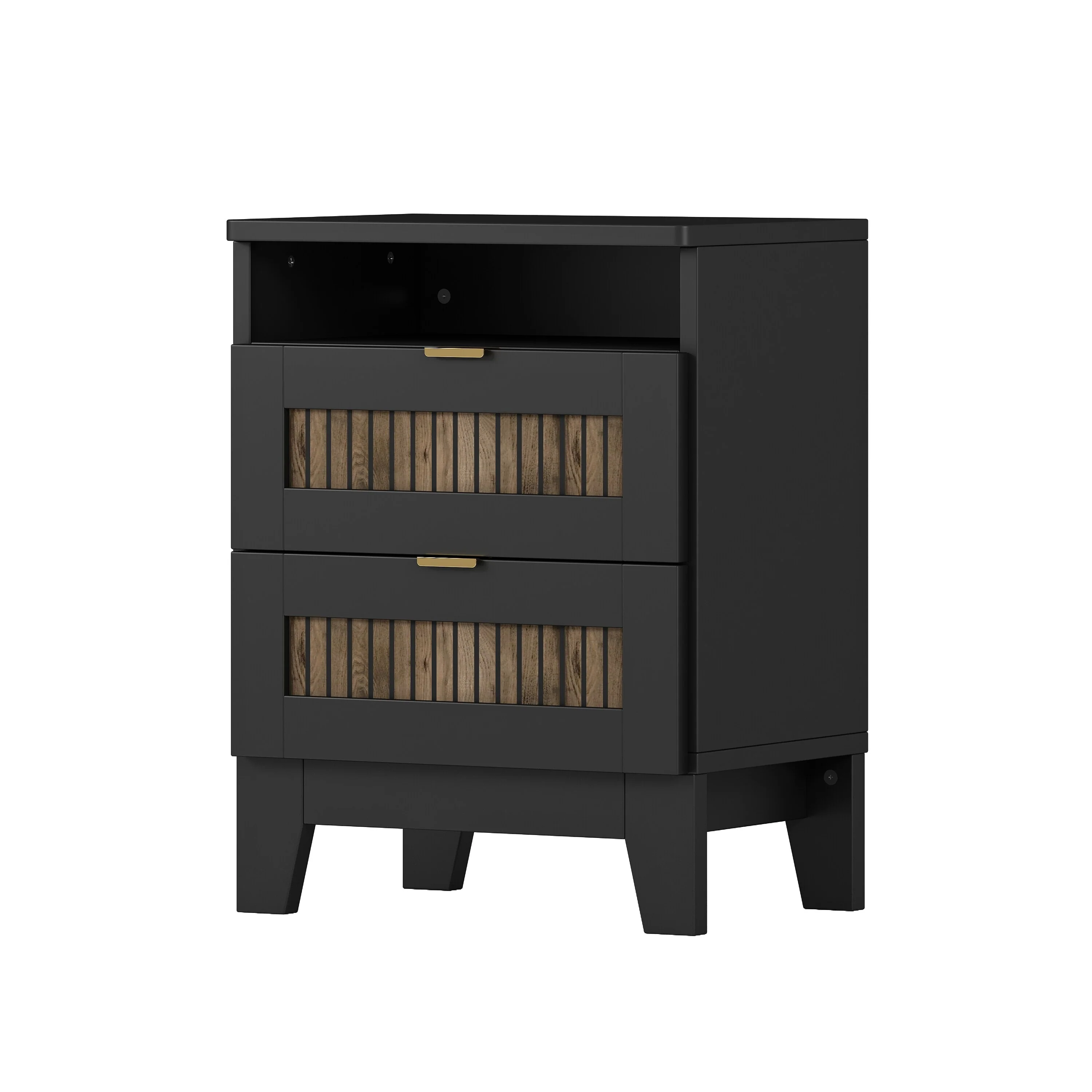 2-Drawer Farmhouse Wooden Nightstand With Wooden Strip Stickers Decoration And Metal Handle