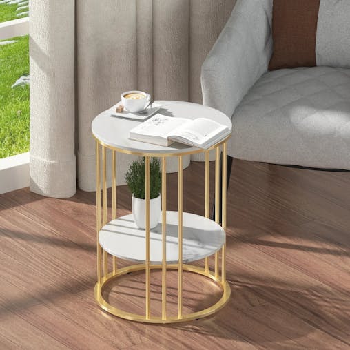 NNEOBA Round Marble Accent Table - Gold Frame, 2-Tier Nightstand