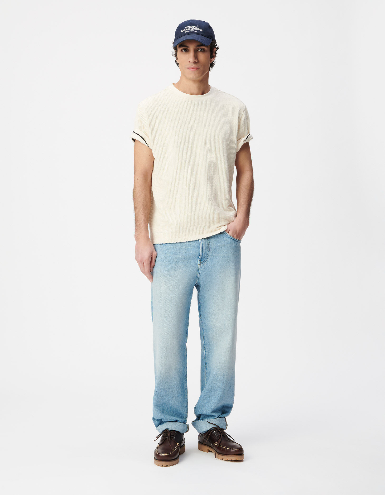 T-shirt col rond écru éponge motif rayures Homme