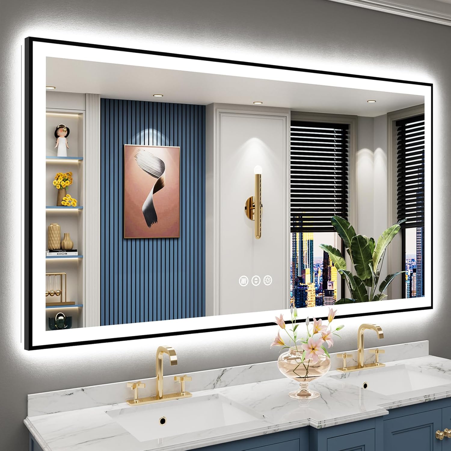 66x36 Black Framed LED Bathroom Mirror with Lights, Backlit and Front Lit Anti-Fog Lighted Vanity Mirrors for Bathroom Wall, Dimmable, 3 Colors, Memory, HD Tempered Glass, Horizontal/Vertical