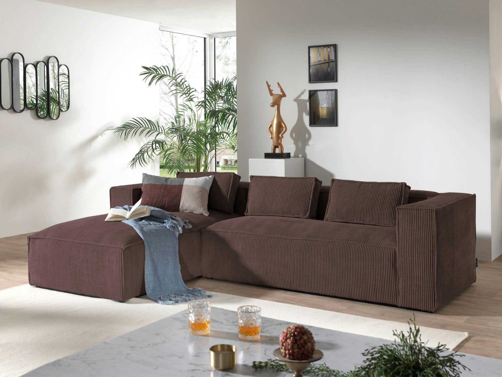 STELLA - Canapé d'angle gauche 4 places en velours côtelé marron