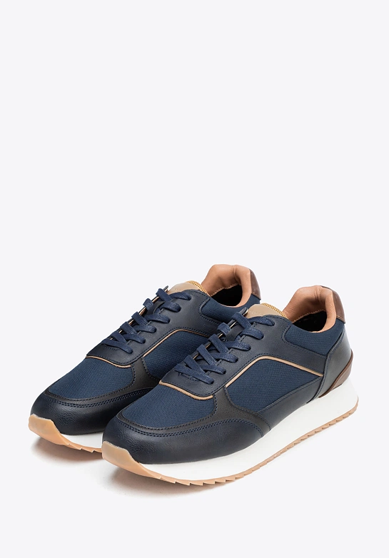 Męskie sneakersy z kontrastowymi fakturami granatowo - brązowe