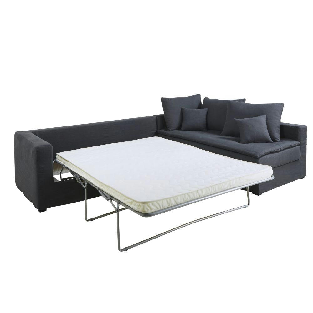 Célestin - Canapé d'angle droit convertible 5 places en lin lavé gris anthracite