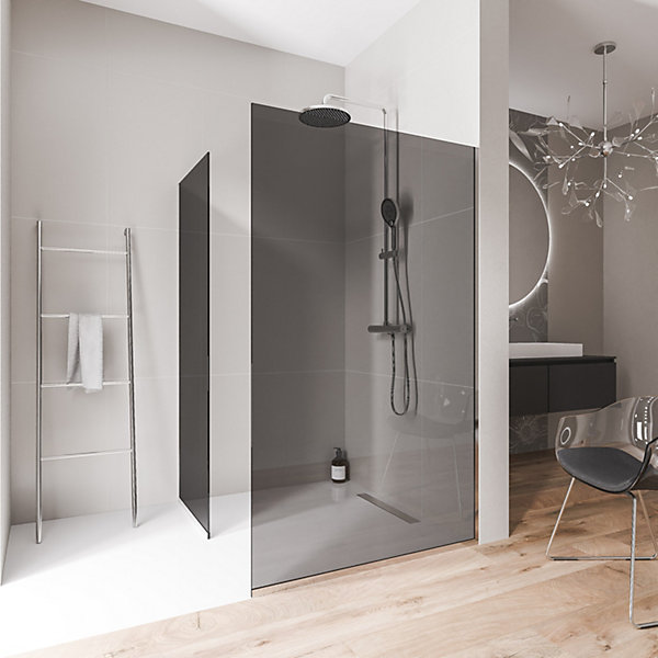 2 Parois de douche italienne d'angle 90x200cm   90cm, verre fumé NANO 10mm, profilé mural   sol inox chrome - EX102