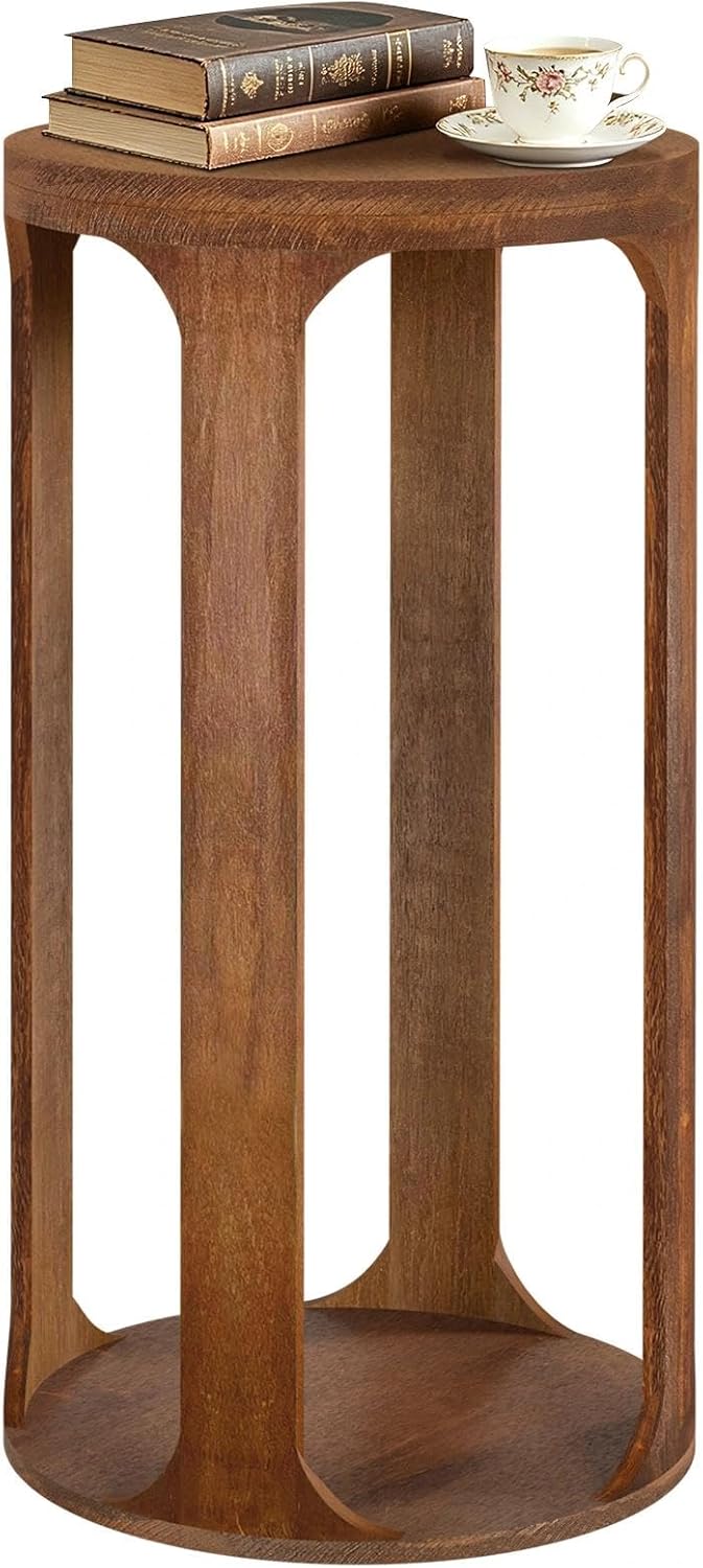 Wooden Drink Table, Pedestal Round End Table, Walnut Brown Nightstand Accent Tables, Small Side Tables for Living Room Plant Stand, Bedroom, 12 x 24