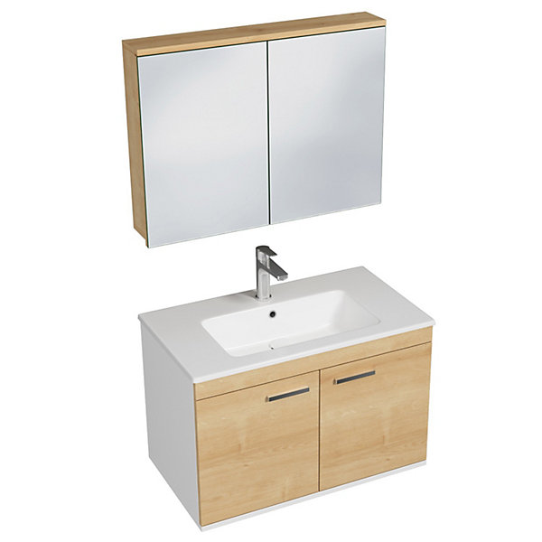 Meuble salle de bain RUBITE simple vasque 2 portes Chêne clair L. 80 cm   miroir armoire - Saniverre