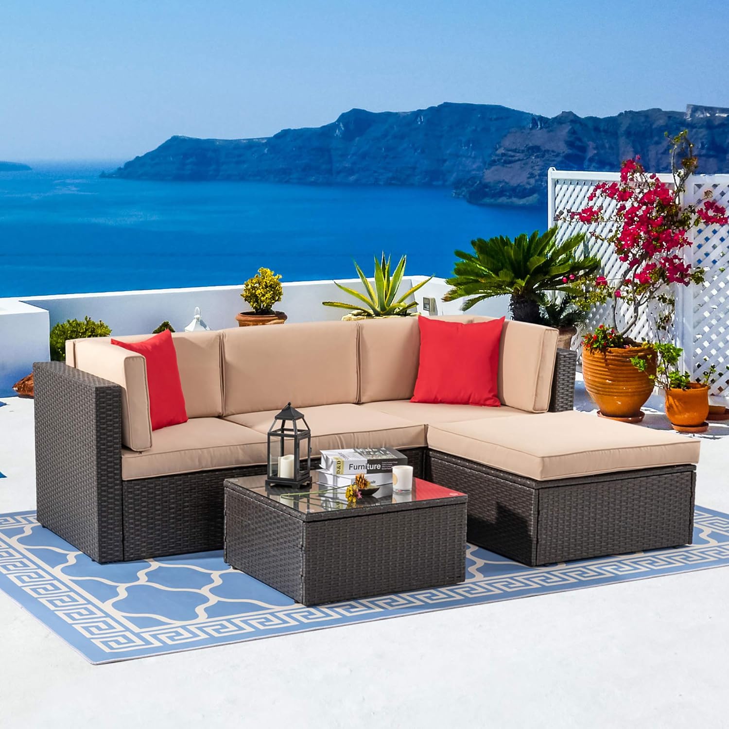 Vongrasig 5 Piece Patio Furniture Sets  Outdoor Patio Set Sectional Sofa  All-Weather PE Rattan Outdoor Couch with Ottoman  Glass Table for Garden  Backyard  Porch  Beige