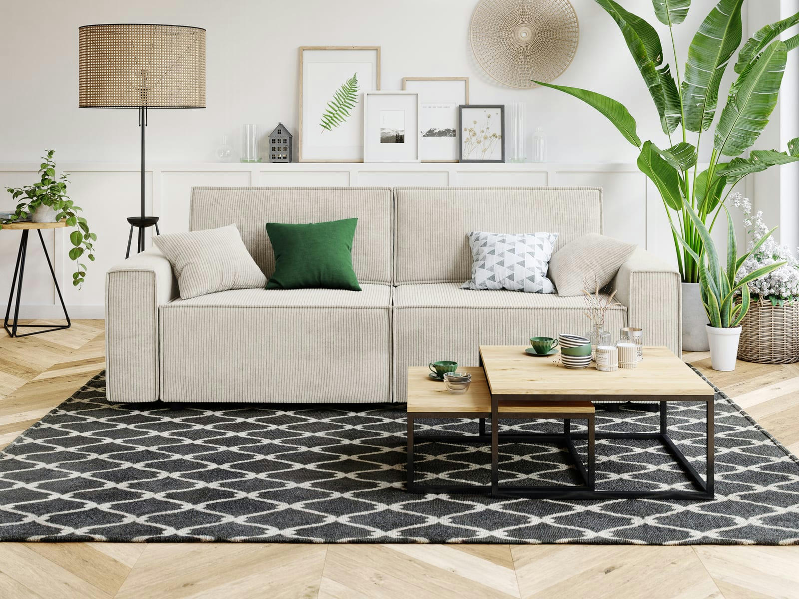 MIRA - Canapé droit convertible en velours côtelé 3 places beige