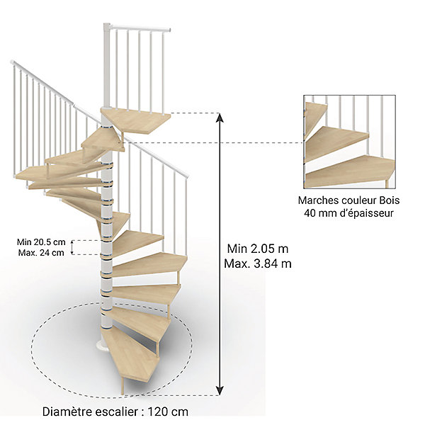 Escalier colimaçon 15 marches - Haut. à franchir 3.08 à 3.60m - Diam. 140cm - Trémie carrée - Struct. blanche / marches naturel -