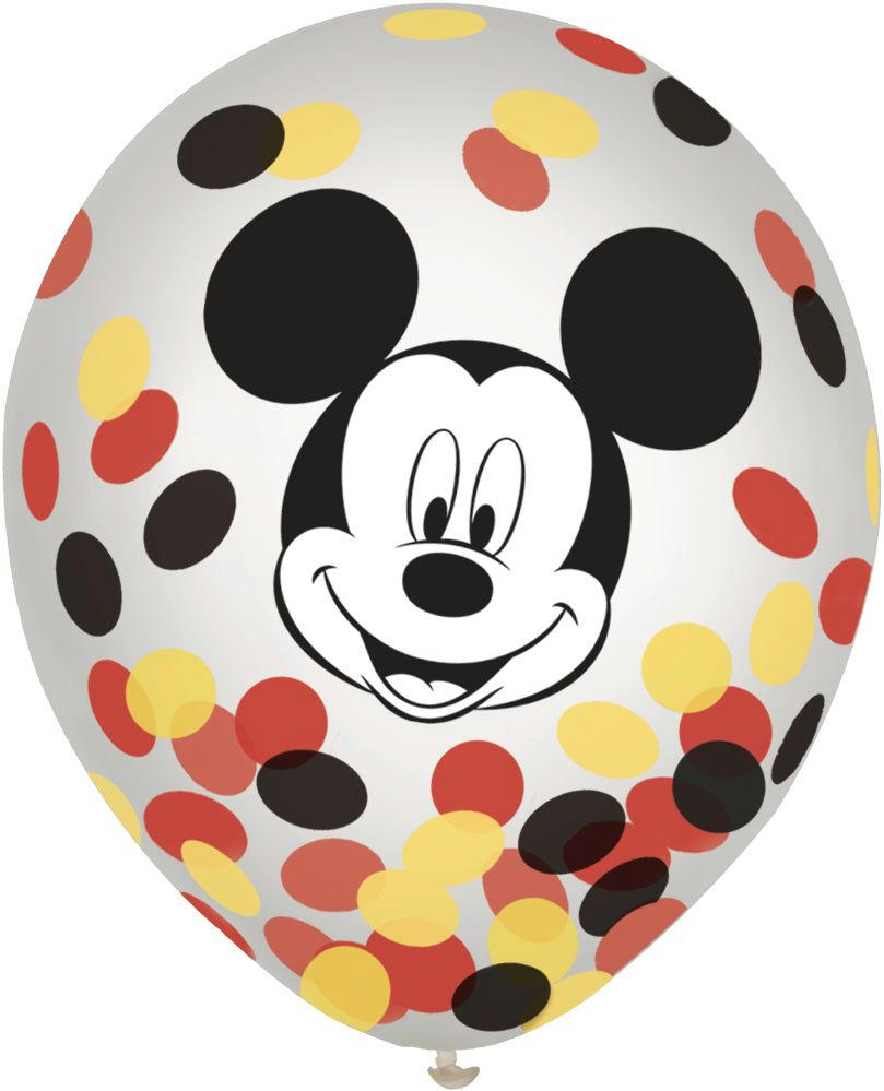 Disney Mickey Mouse Round Transparent Confetti Latex Balloons, Black/Yellow/Red, 12-in, 6-pk, for Birthday Party