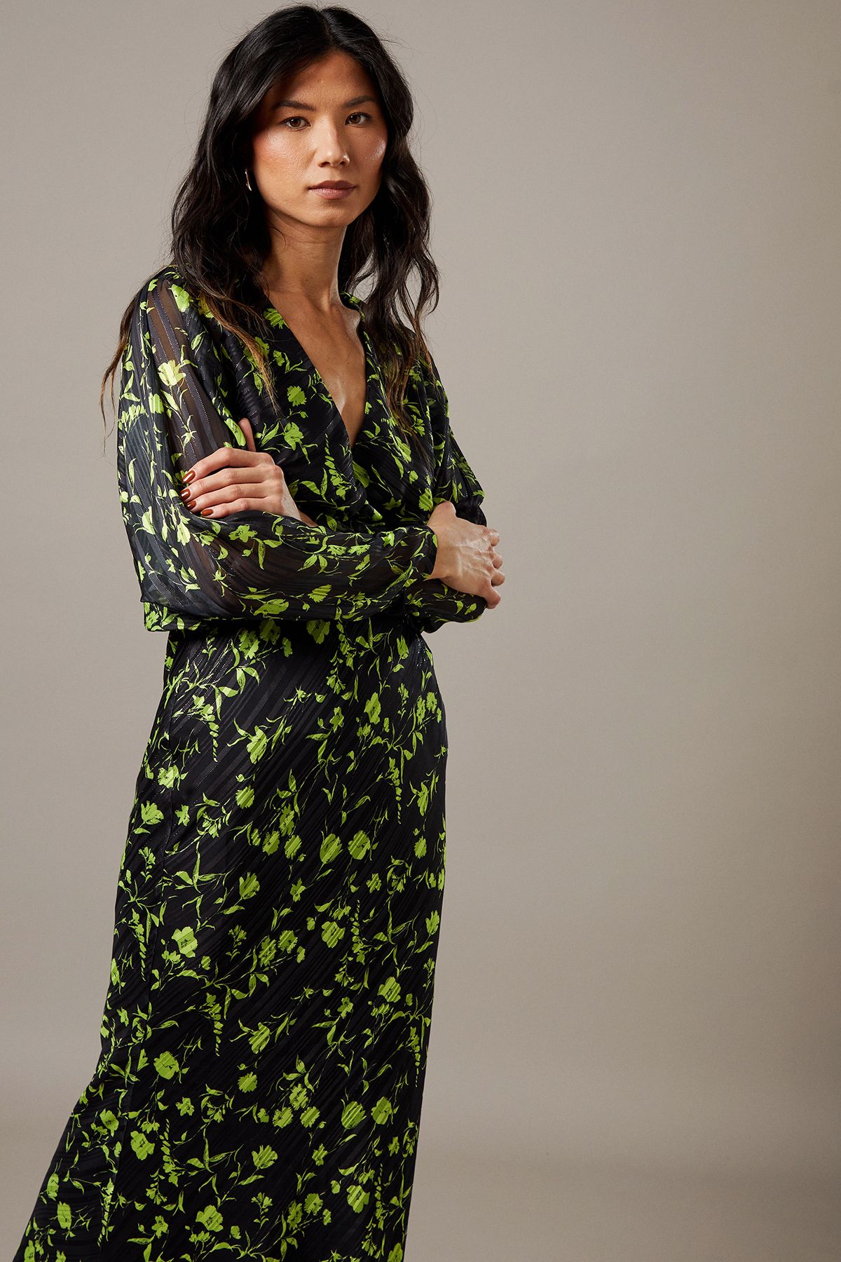 Warehouse Shadow Stripe Batwing Plunge Neck Midi Dress