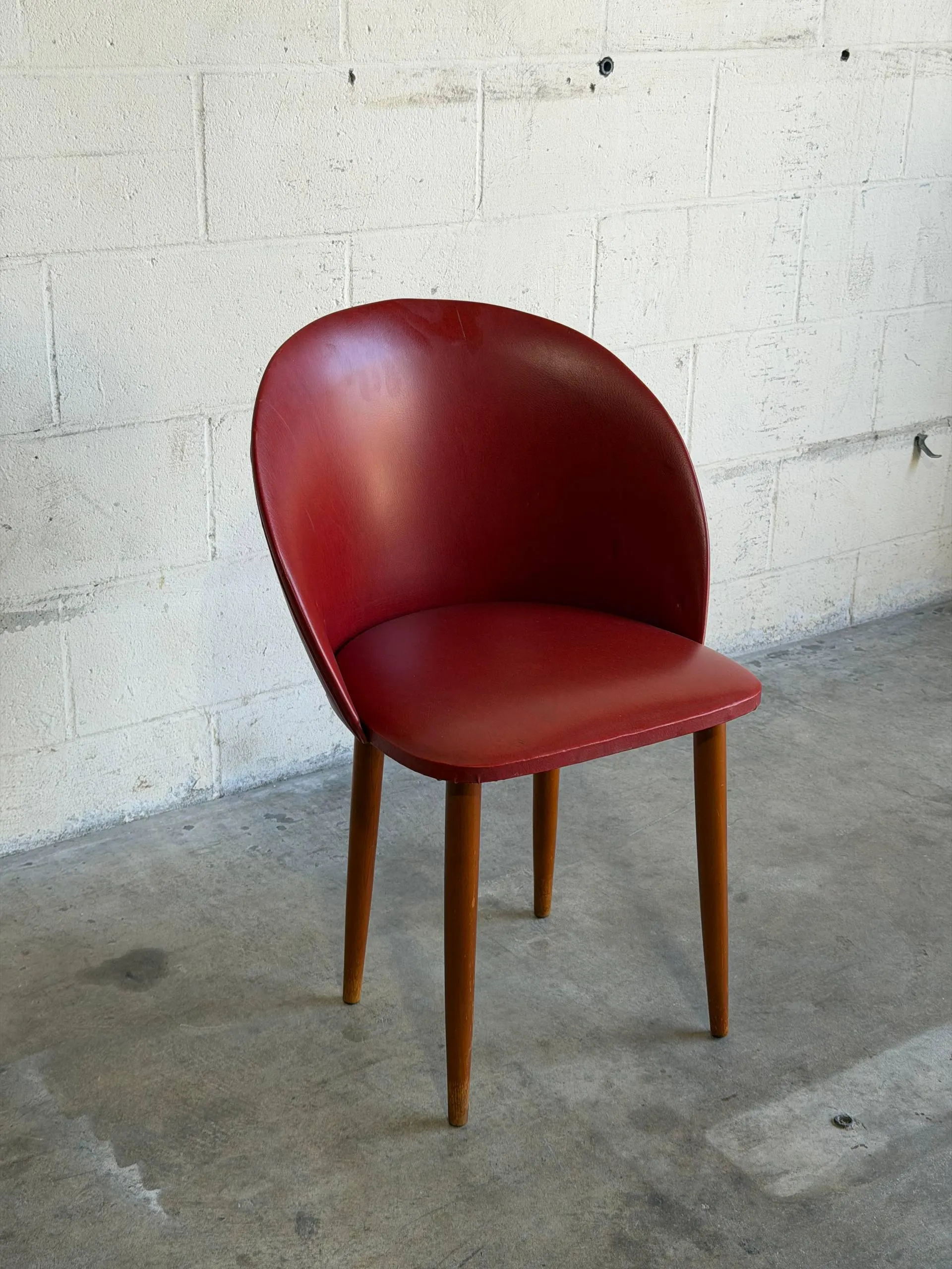 Red Vinyl Barrel Accent Chair with Tapered Wood Legs Mid-Century Modern 1960s