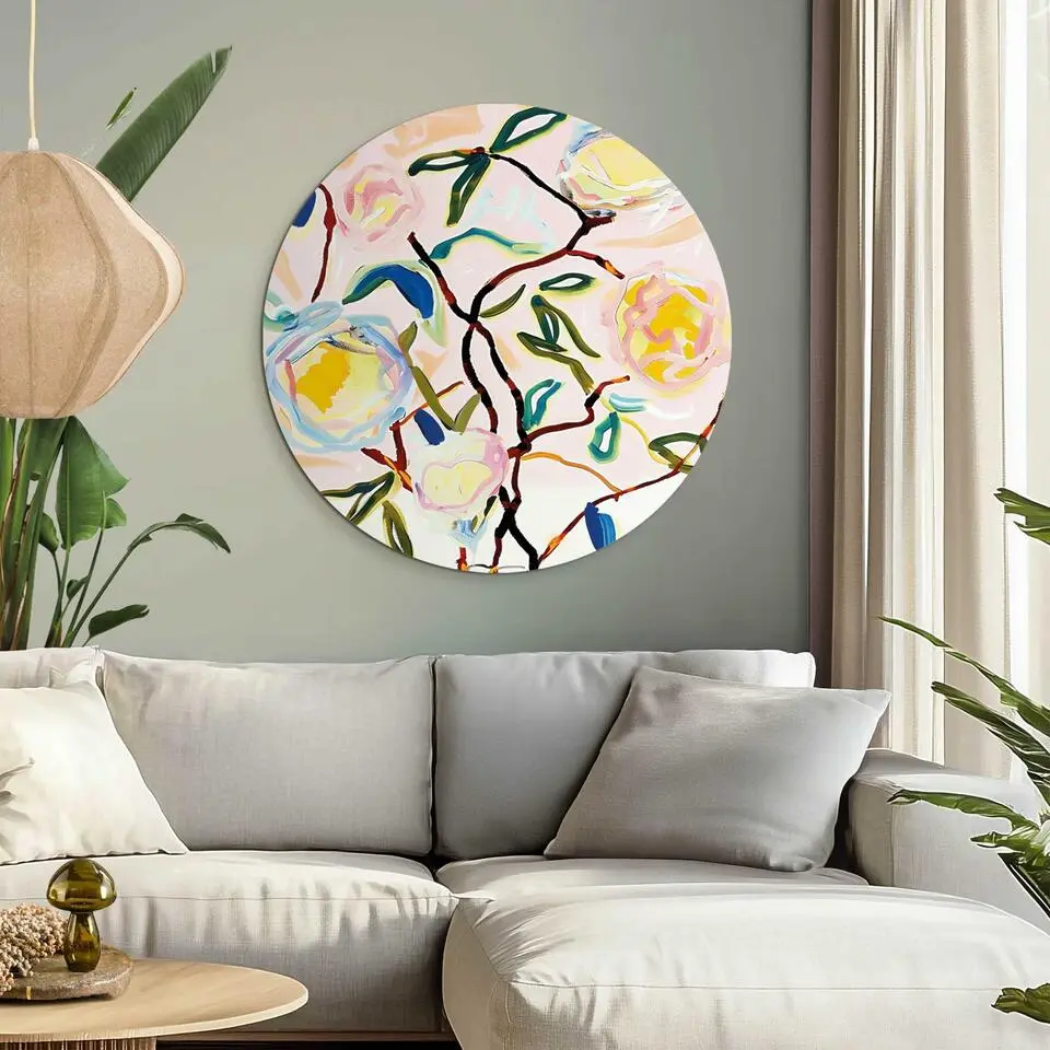 Glasschilderij Abstracte Bloesem - &Oslash; 70 - Bont