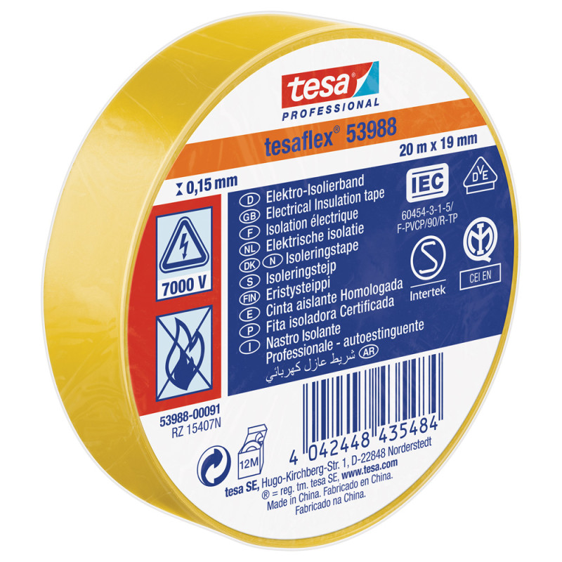 Ruban d'isolation électrique jaune 19 mm x 20 m TESA